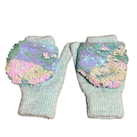 Mittens Gloves One Size Justice Blue Flip Sequin Button & Loop Soft Sparkle - Picture 3 of 8